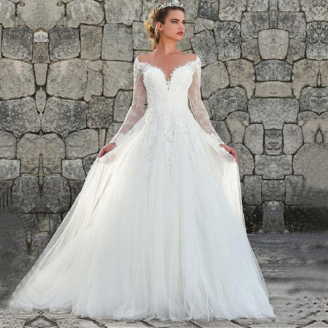 NumberSea Lange Ärmel Illusion Scoop Ausschnitt Hochzeit Kleid Vintage Tüll Spitze Appliques Brautkleid Vestido De Noiva