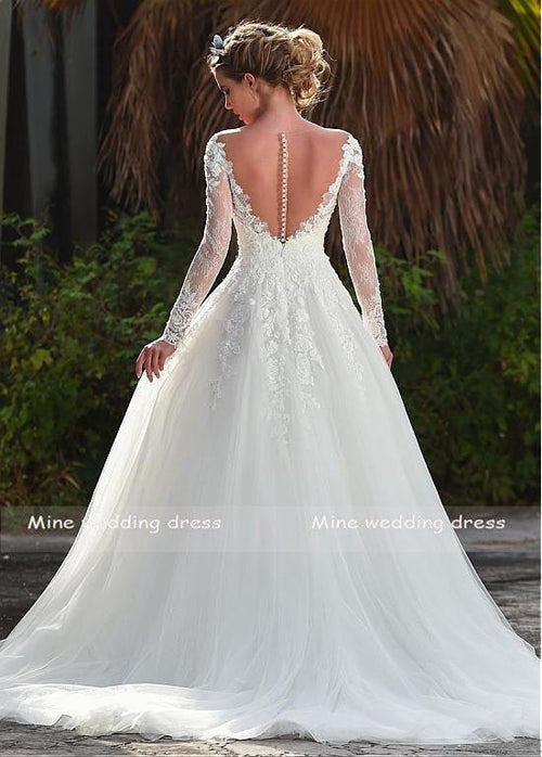 NumberSea Robe de mariée à manches longues illusion col en V rétro en tulle avec applications de dentelle Vestido De Noiva