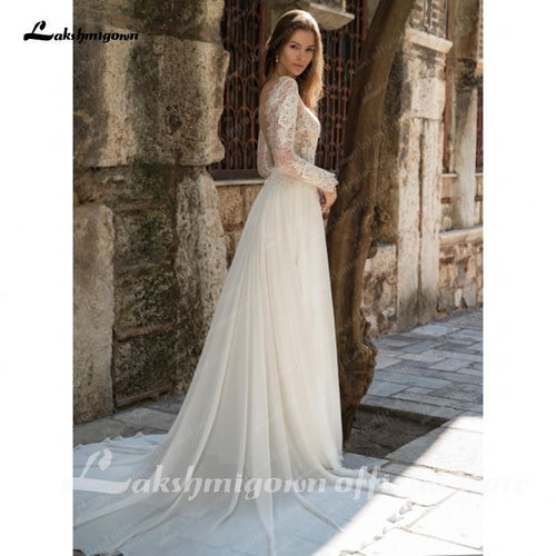 Robe de mariée NumberSea à manches longues en dentelle avec traîne de cour