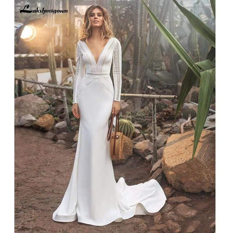 NumberSea Langärmliges, flexibles Meerjungfrau-Brautkleid aus Spitzenkrepp