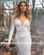 NumberSea Long Sleeves Lace Crepe Flexible Mermaid Wedding Dress