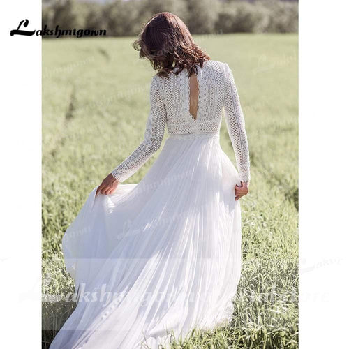 Robe de mariée NumberSea à manches longues en dentelle, plage, simple, longueur sol