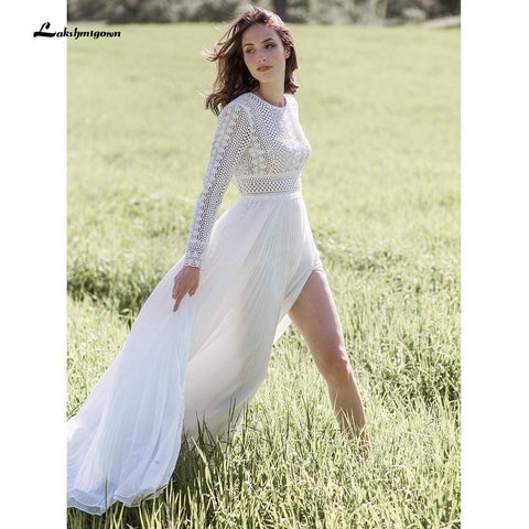 NumberSea Lange ärmel spitze Brautkleid Strand Einfache Bodenlangen