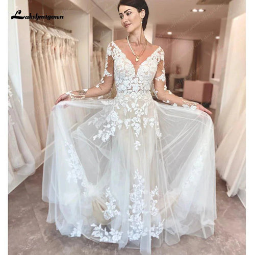 NumberSea Abito da Sposa con Maniche Lunghe e Pizzo, Vestito da Cerimonia Civile Boho, Abiti da Sposa con Treno Strascicato 2025 per Donna