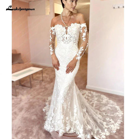 Vestido de noiva estilo sereia com mangas compridas e estilo boho 2025, ombro de fora, cauda longa, vestidos para mulheres 