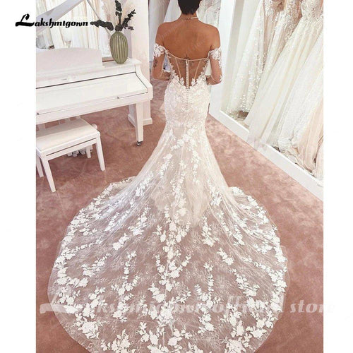 NumberSea Abito da Sposa con Maniche Lunghe Sirena Boho 2025 Spalle Scoperte Coda a Corte vestiti da donna