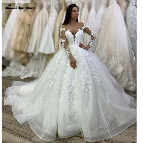 NumberSea Lange Ärmel V-Ausschnitt Bodenlanges Ballkleid Brautkleid