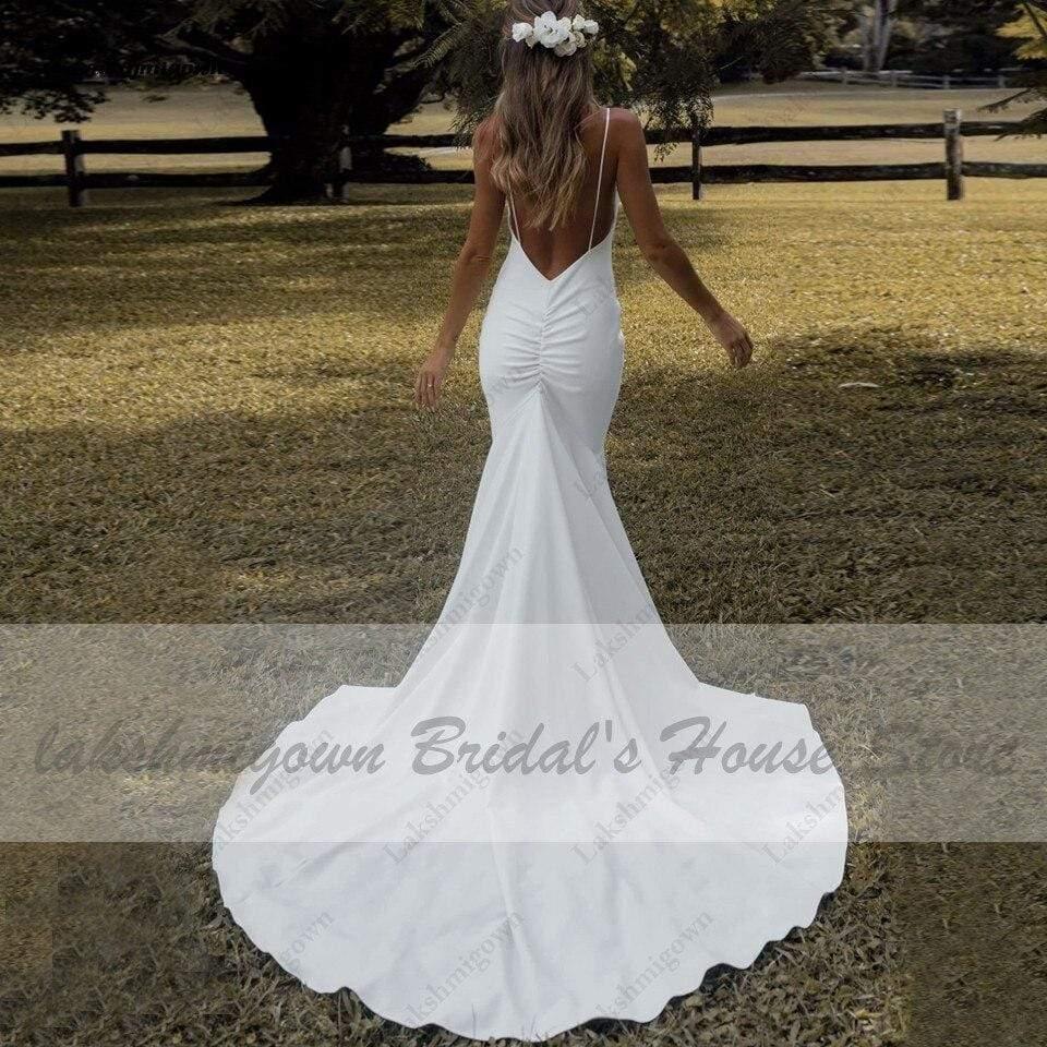 NumberSea Lovely Satin Wedding Dress Backless Spaghetti Straps Elegant