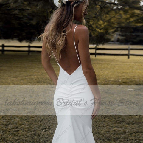 NumberSea Schöne Satin Brautkleid Rückenfrei Spaghettiträger Elegant