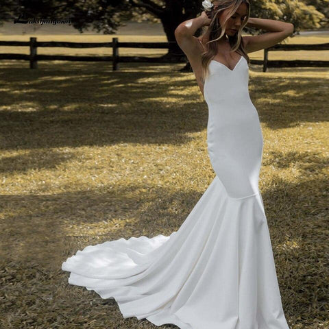 NumberSea Schöne Satin Brautkleid Rückenfrei Spaghettiträger Elegant