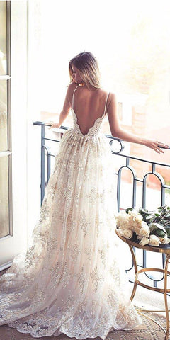 NumberSea Luxuriöses Brautkleid mit offenem Rücken, herzförmigem Ausschnitt und Spaghettiträgern aus Spitze und Applikationen, MW192 