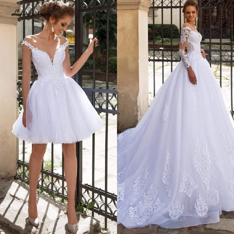 NumberSea Luxury A Line Wedding Dress 2 in 1 with Sleeves Lace