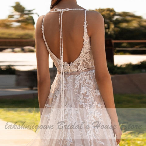 NumberSea Luxus Perlen Spitze Böhmische Hochzeit Kleid Spaghetti-trägern Sexy