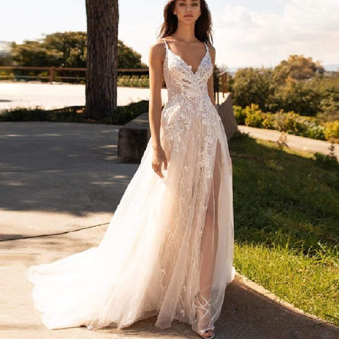 NumberSea Luxus Perlen Spitze Böhmische Hochzeit Kleid Spaghetti-trägern Sexy