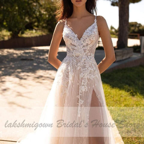 NumberSea Luxus Perlen Spitze Böhmische Hochzeit Kleid Spaghetti-trägern Sexy