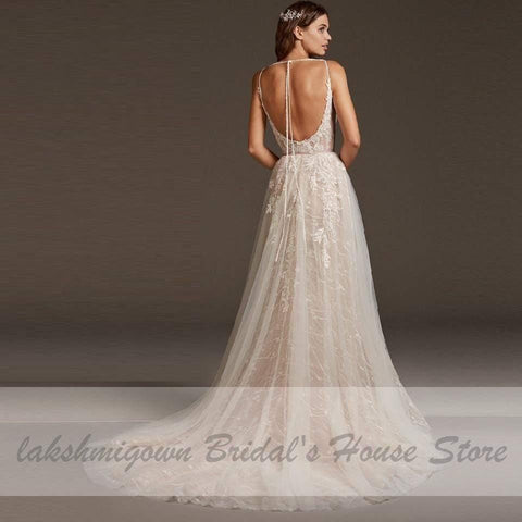NumberSea Luxus Perlen Spitze Böhmische Hochzeit Kleid Spaghetti-trägern Sexy