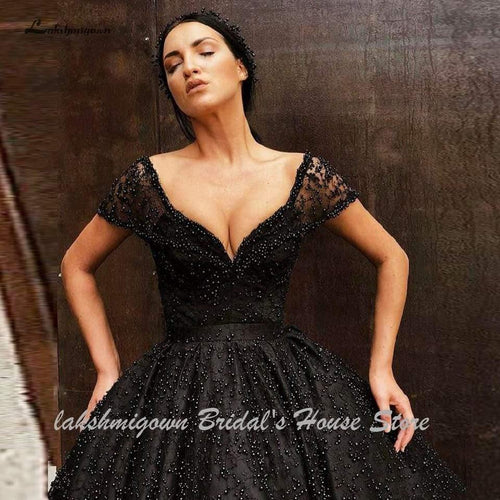 Robe de mariée NumberSea en perles noires de luxe longue jusqu'au sol