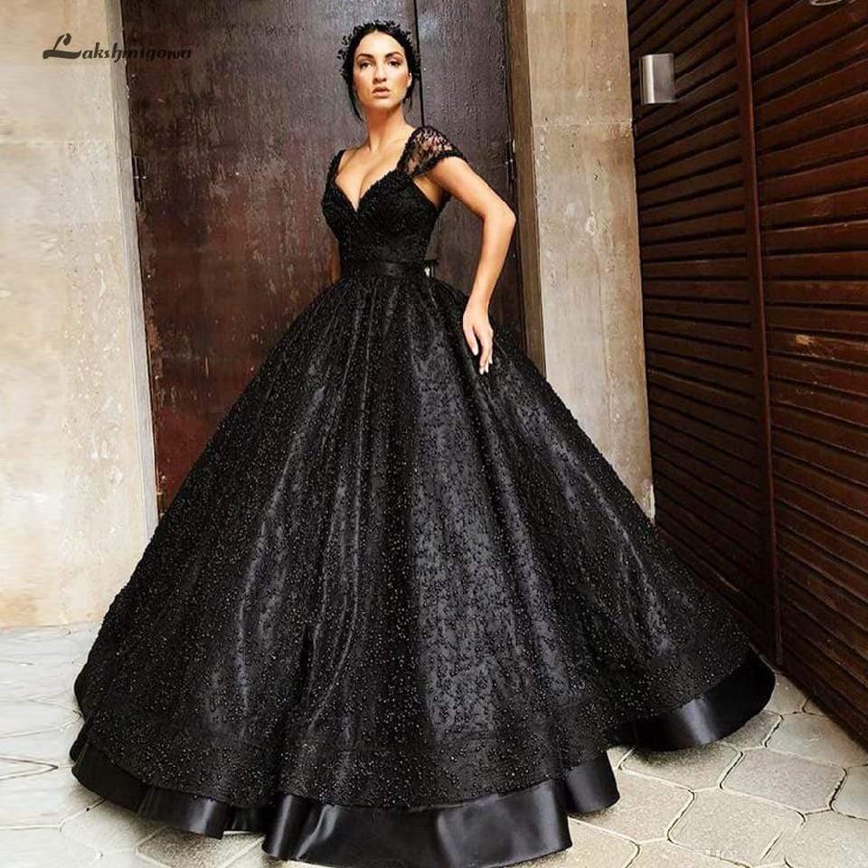 NumberSea Luxury Black Pearls Wedding Dress Floor Length