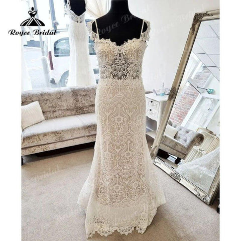 NumberSea Luxus Boho Spitze Meerjungfrau Liebsten Spaghetti Strap Hochzeit Kleid Sexy Frauen Braut Strand Hochzeit Kleider Backless Robe Mariee 
