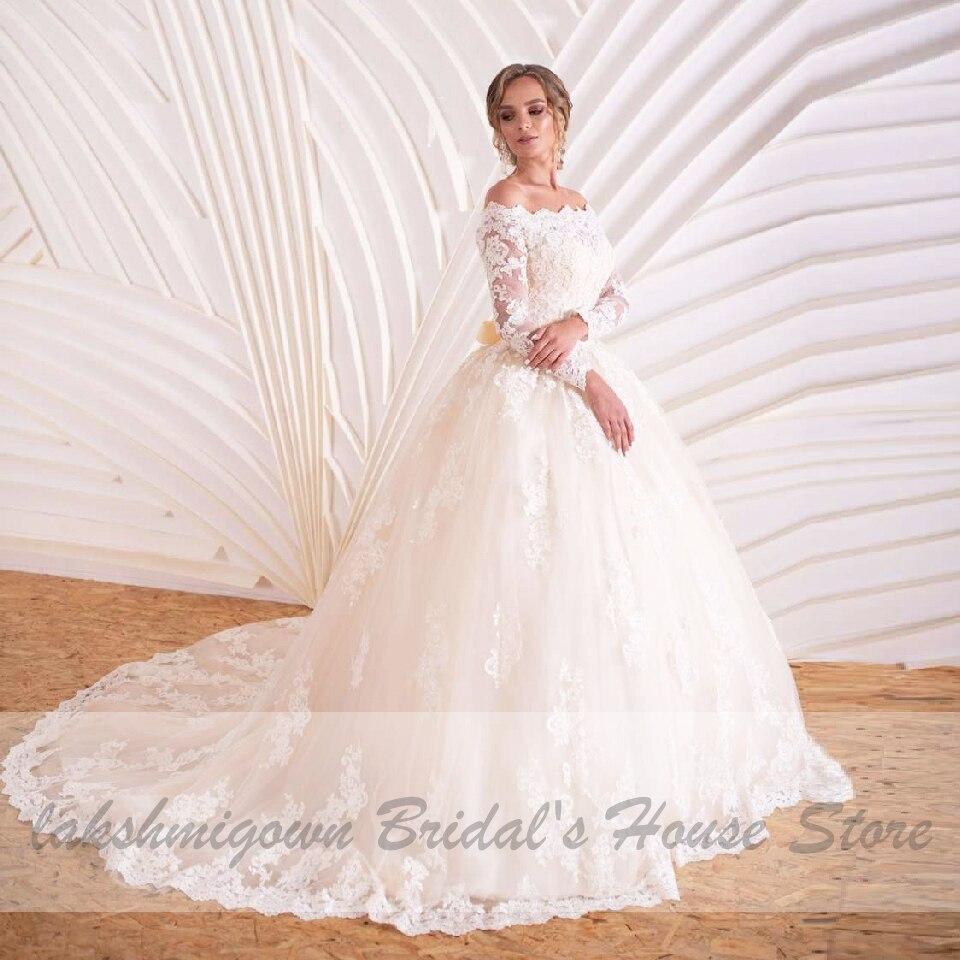 NumberSea Luxury Champagne Wedding Dress Long Sleeve Lace Elegant