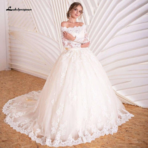 NumberSea Luxus Champagner Brautkleid Langarm Spitze Elegant