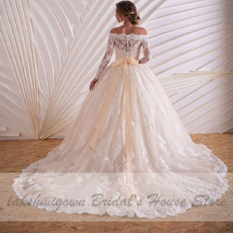 NumberSea Luxus Champagner Brautkleid Langarm Spitze Elegant