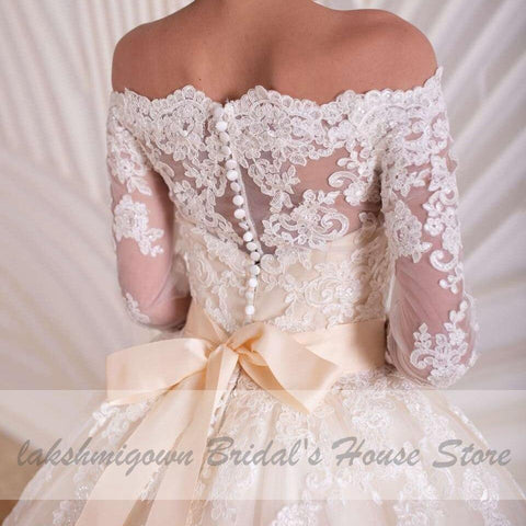 NumberSea Luxus Champagner Brautkleid Langarm Spitze Elegant