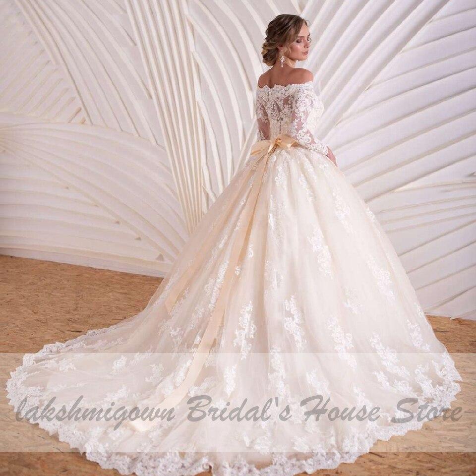 NumberSea Luxury Champagne Wedding Dress Long Sleeve Lace Elegant