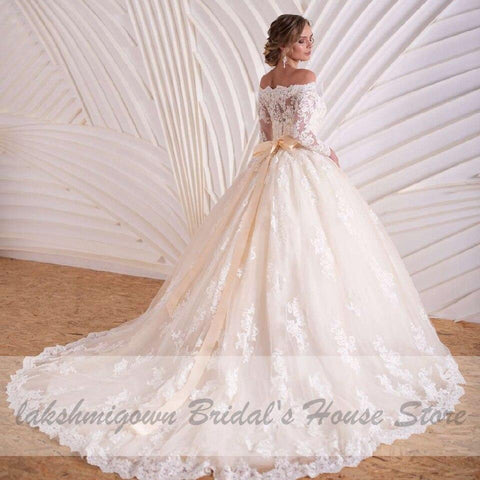 NumberSea Luxus Champagner Brautkleid Langarm Spitze Elegant