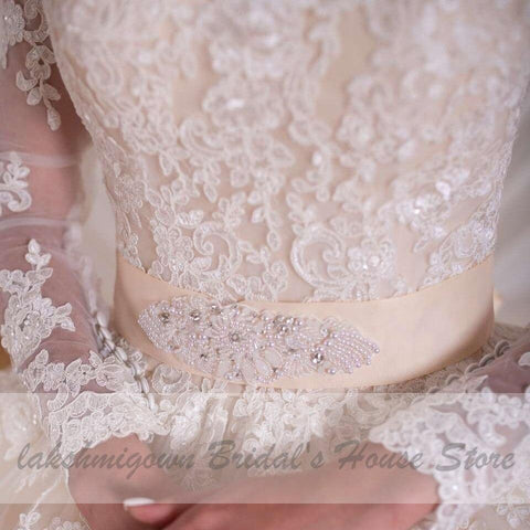 NumberSea Luxus Champagner Brautkleid Langarm Spitze Elegant