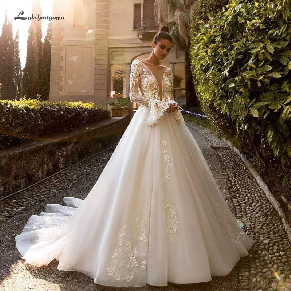 NumberSea Luxury Deep V Neck Wedding Dress Long Sleeves