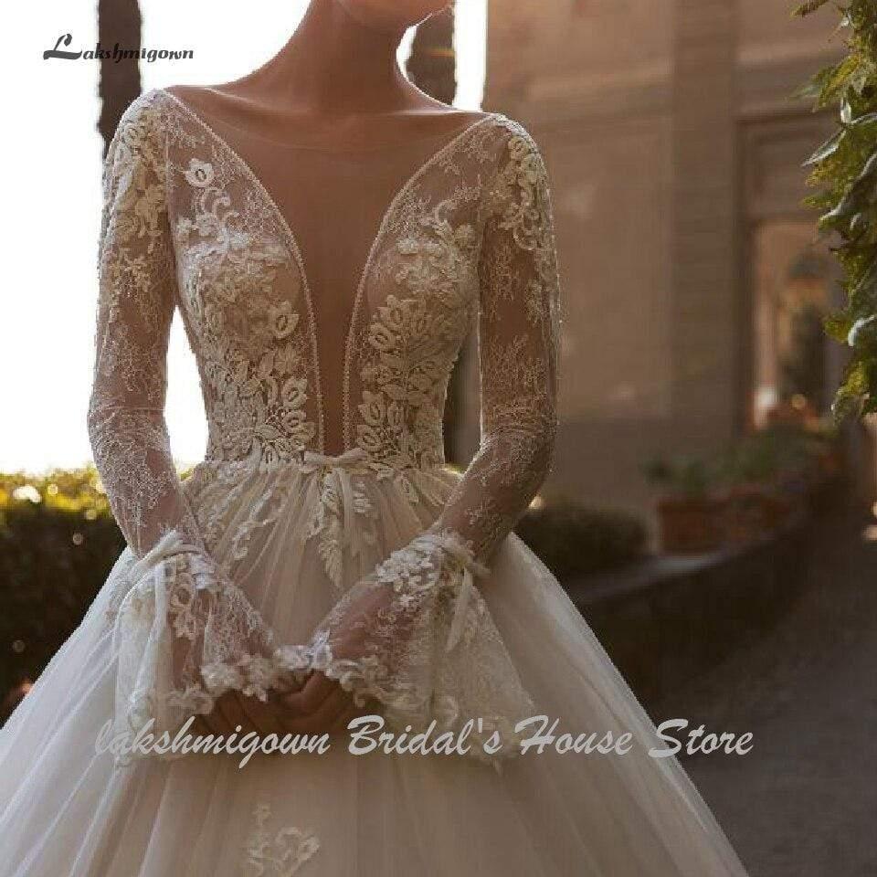 NumberSea Luxury Deep V Neck Wedding Dress Long Sleeves