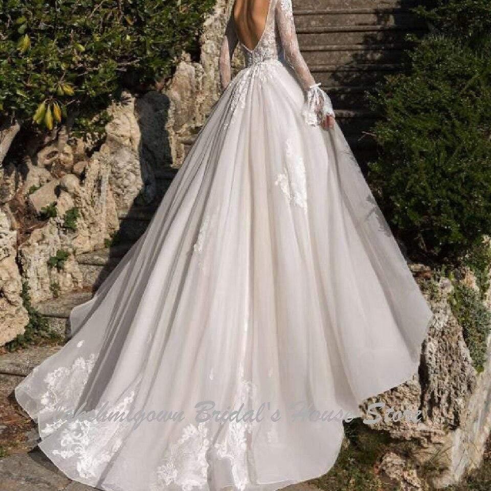 NumberSea Luxury Deep V Neck Wedding Dress Long Sleeves