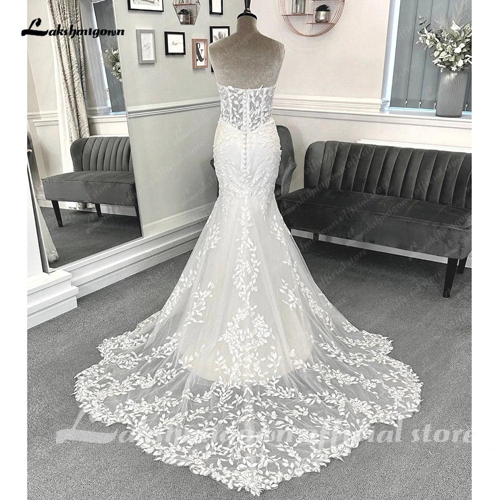 NumberSea Luxury Lace Appliques Mermaid Wedding Dress with Detachable Sleeves Boho Trumpet Women Civil Bridal  Wedding Gowns