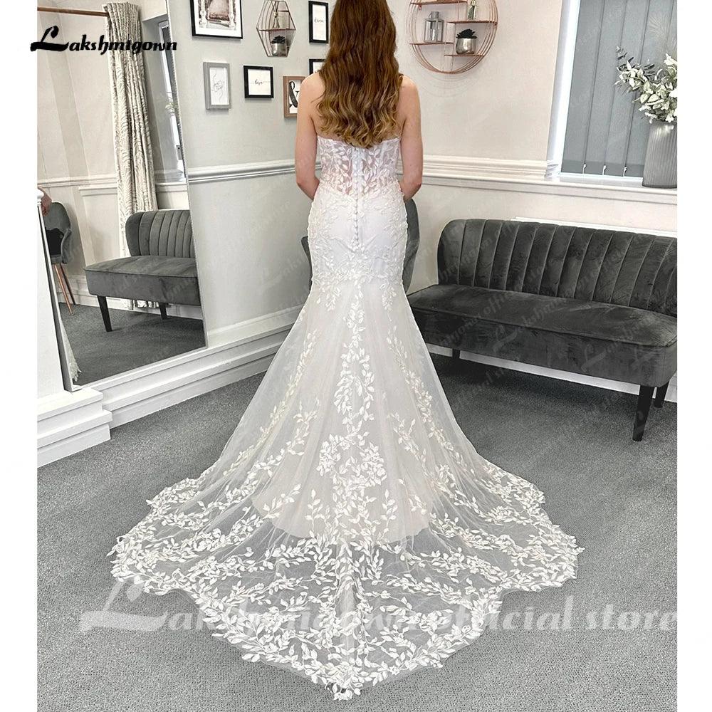 NumberSea Luxury Lace Appliques Mermaid Wedding Dress with Detachable Sleeves Boho Trumpet Women Civil Bridal  Wedding Gowns