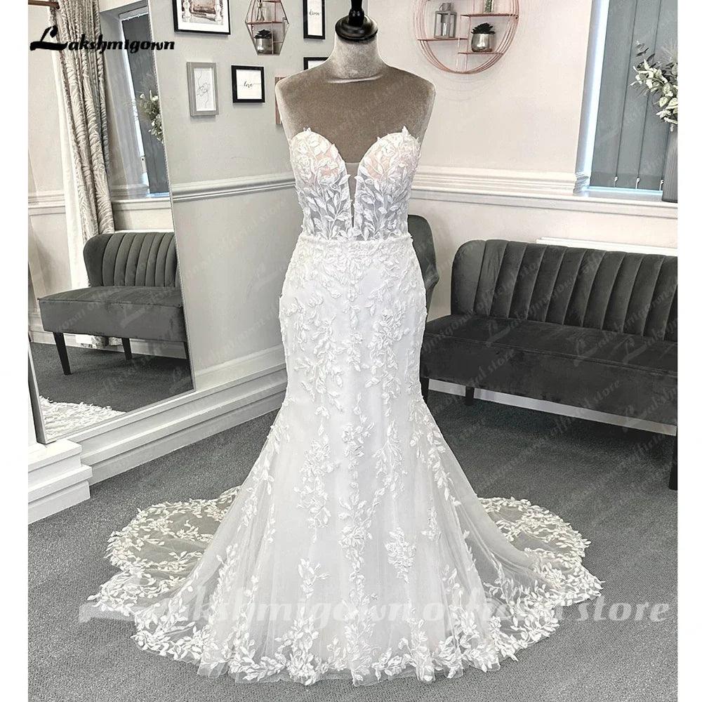 NumberSea Luxury Lace Appliques Mermaid Wedding Dress with Detachable Sleeves Boho Trumpet Women Civil Bridal  Wedding Gowns