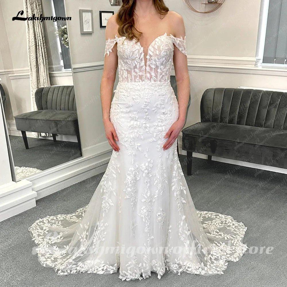 NumberSea Luxury Lace Appliques Mermaid Wedding Dress with Detachable Sleeves Boho Trumpet Women Civil Bridal  Wedding Gowns