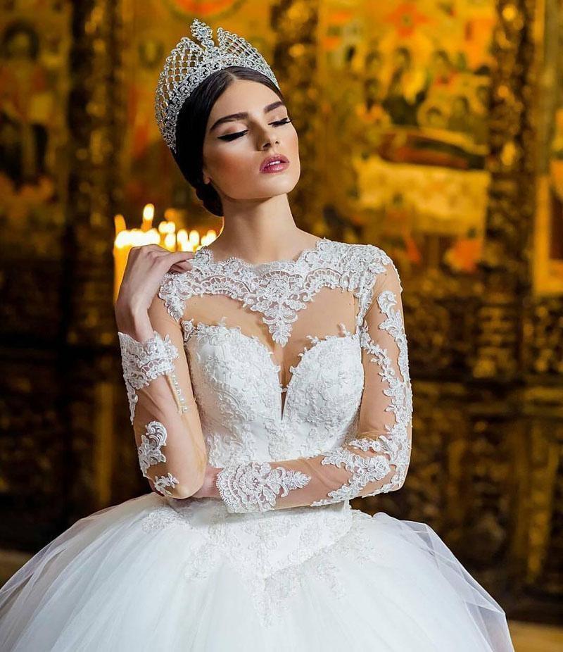 NumberSea Luxury Lace Boat Neck Ball Gown Wedding Dresses Sweetheart