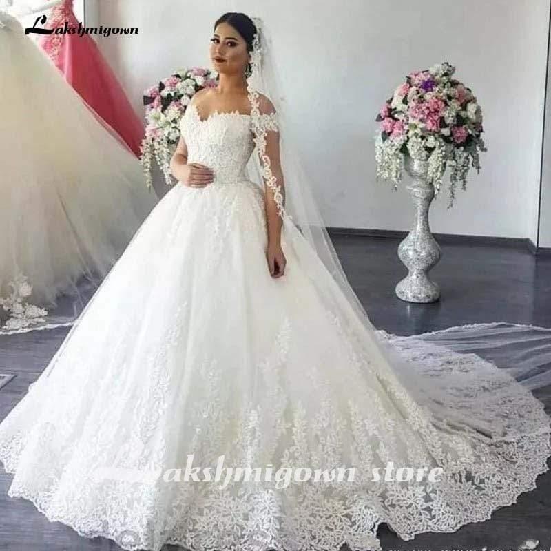 NumberSea Luxury Lace Boat Neck Ball Gown Wedding Dresses Sweetheart
