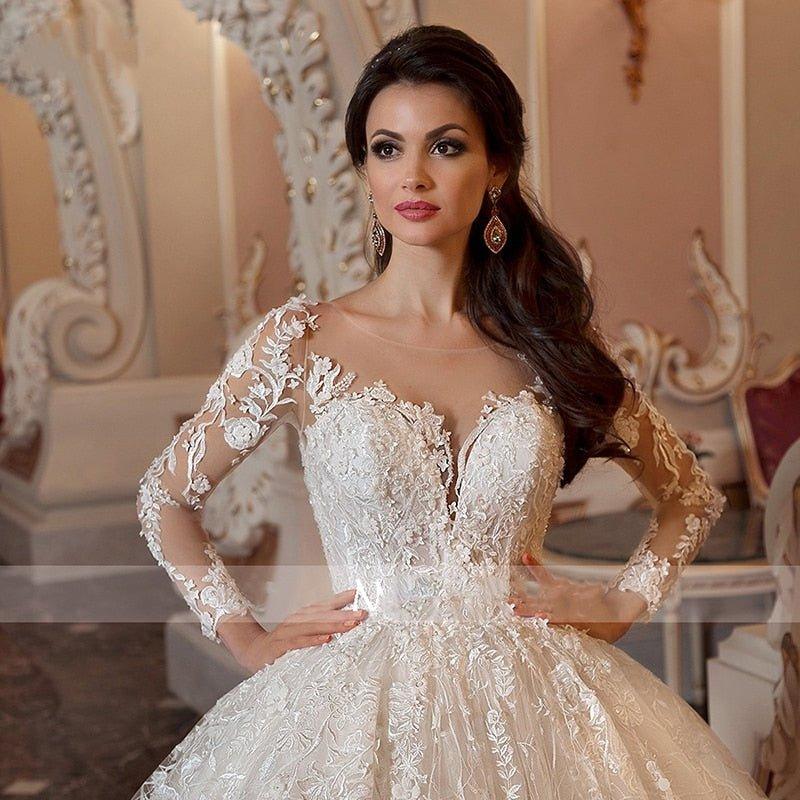 NumberSea luxury Long Sleeve Flowers Lace Ball Gown Wedding Dresses Chic Appliques Beaded Cathedral Vintage Train Bridal Gowns Talla Gran