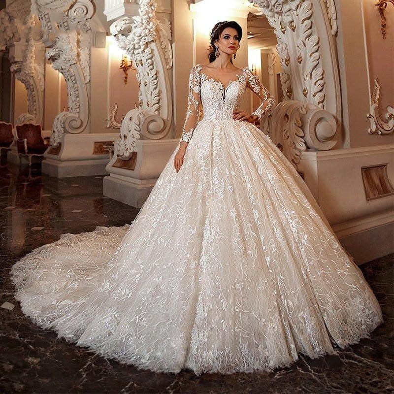 NumberSea luxury Long Sleeve Flowers Lace Ball Gown Wedding Dresses Chic Appliques Beaded Cathedral Vintage Train Bridal Gowns Talla Gran
