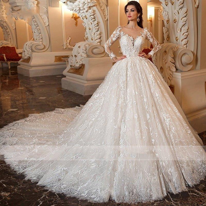 NumberSea luxury Long Sleeve Flowers Lace Ball Gown Wedding Dresses Chic Appliques Beaded Cathedral Vintage Train Bridal Gowns Talla Gran