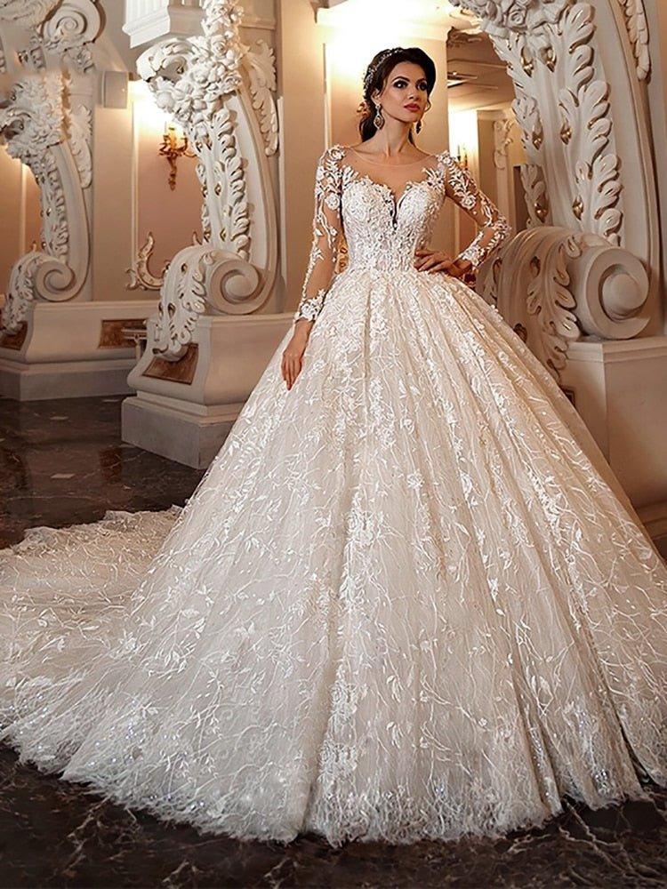 NumberSea luxury Long Sleeve Flowers Lace Ball Gown Wedding Dresses Chic Appliques Beaded Cathedral Vintage Train Bridal Gowns Talla Gran