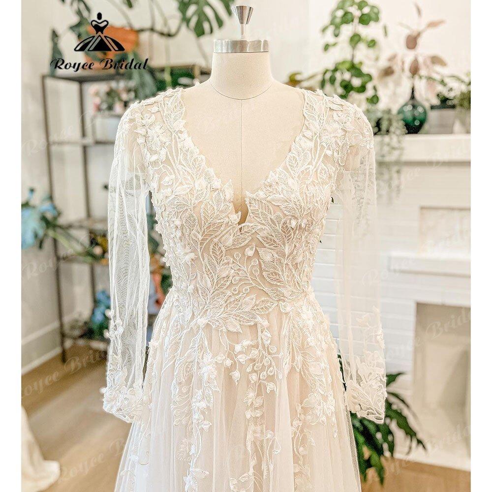 NumberSea Luxury Long Sleeve Lace Floral Wedding Dress with V Neck 2025 Appliques Boho Bridal Gown Women vestido de novia para boda civil