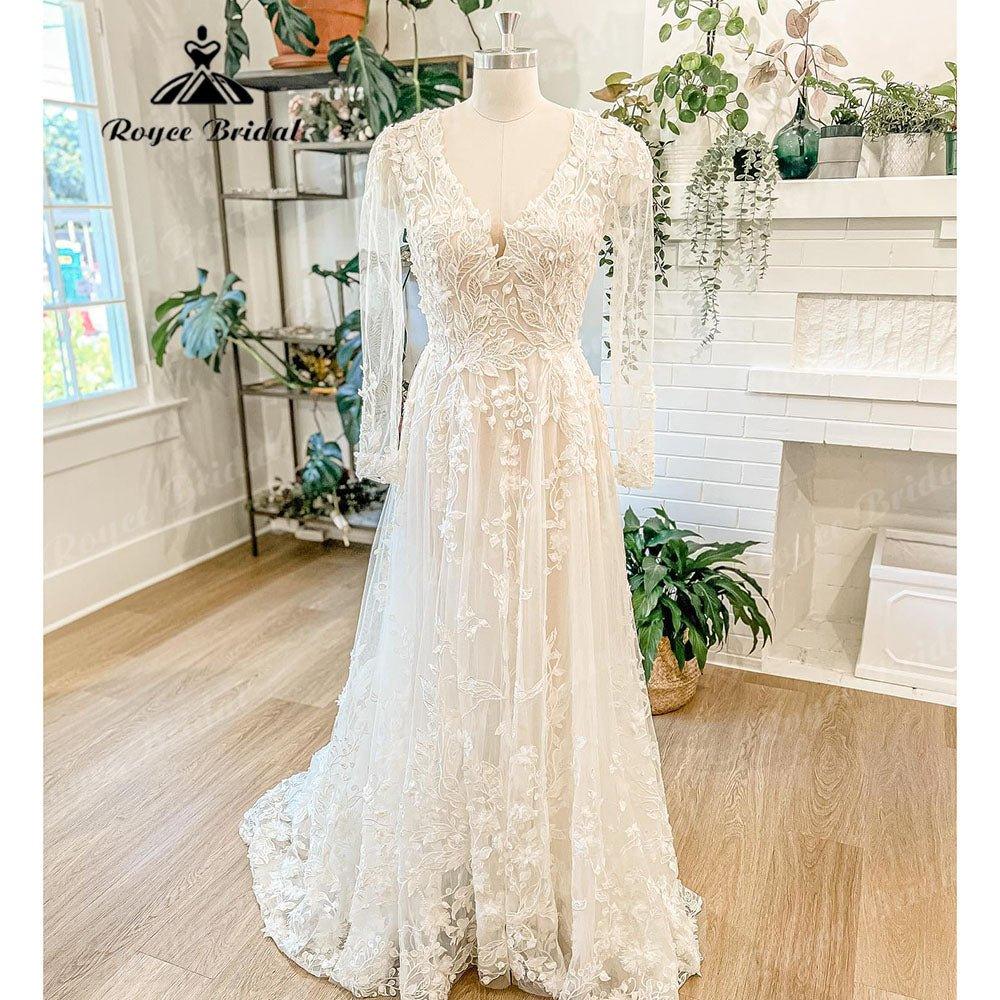 NumberSea Luxury Long Sleeve Lace Floral Wedding Dress with V Neck 2025 Appliques Boho Bridal Gown Women vestido de novia para boda civil