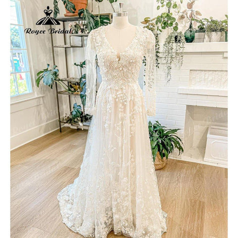 NumberSea Luxus Langarm Spitze Blumen Hochzeit Kleid mit V-ausschnitt 2025 Appliques Boho Brautkleid Frauen vestido de novia para boda civil 