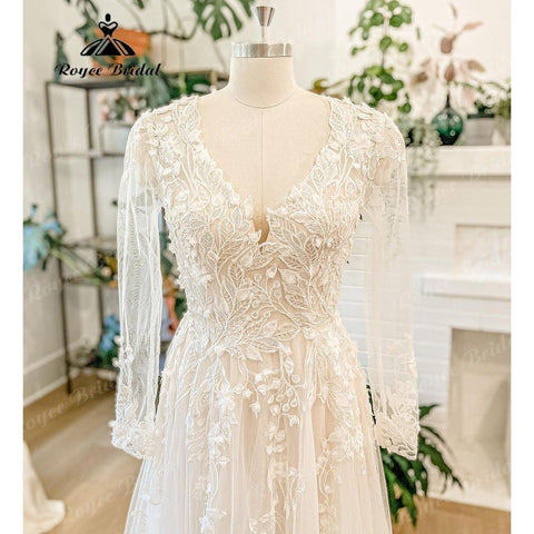 NumberSea Luxus Langarm Spitze Blumen Hochzeit Kleid mit V-ausschnitt 2025 Appliques Boho Brautkleid Frauen vestido de novia para boda civil 