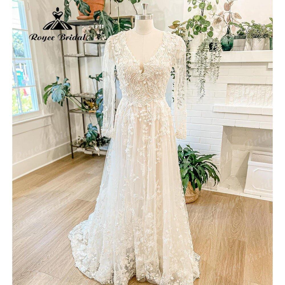 NumberSea Luxury Long Sleeve Lace Floral Wedding Dress with V Neck 2025 Appliques Boho Bridal Gown Women vestido de novia para boda civil