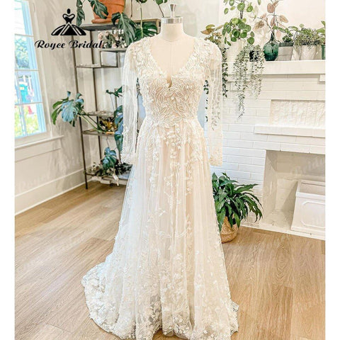 NumberSea Luxus Langarm Spitze Blumen Hochzeit Kleid mit V-ausschnitt 2025 Appliques Boho Brautkleid Frauen vestido de novia para boda civil 