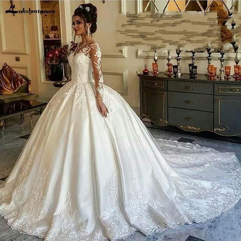 NumberSea Luxury Long sleeve Muslim satin wedding dress Ball gown